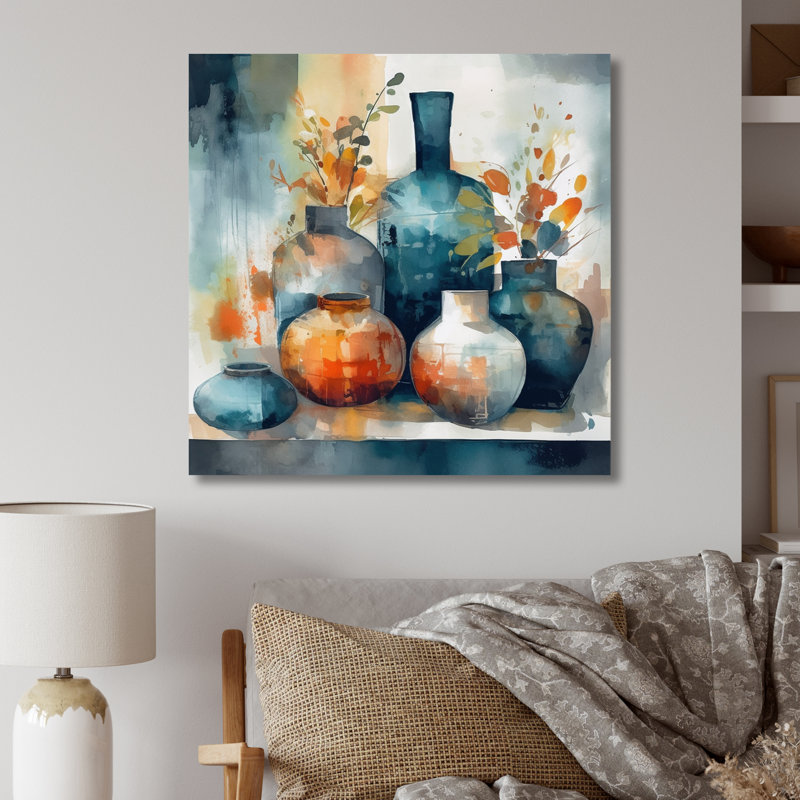 «Ezariyah Blue and Orange Artisanal Boho Pottery I», impression sur métal, H 23 po x l 23 po x P 1 po