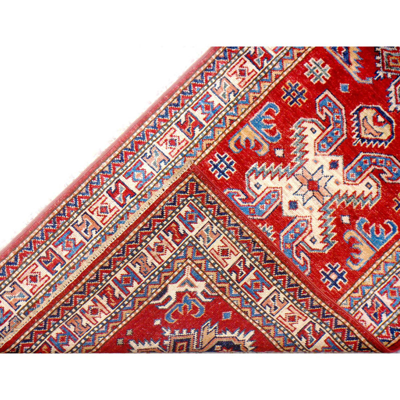 Tapis de couloir unique en laine noué à la main de 2 pi 6 po x 7 pi 8 po ivoire / rouge / bleu