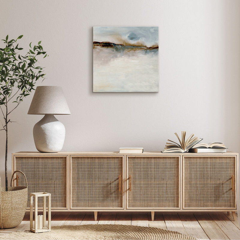 Art mural sur toile 16 x 16 avec des tons de beige, de brun, de bleu et de blanc, H 16 po x l 16 po