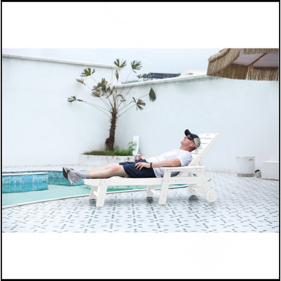 Lounge Chair Outdoor With Wood Texture, Oversized Chaise Lounge Chair With 5 Positions, HDPE, Patio Lounge Chair With Wheels & Cup Holder For Pool, Deck, Poolside, White