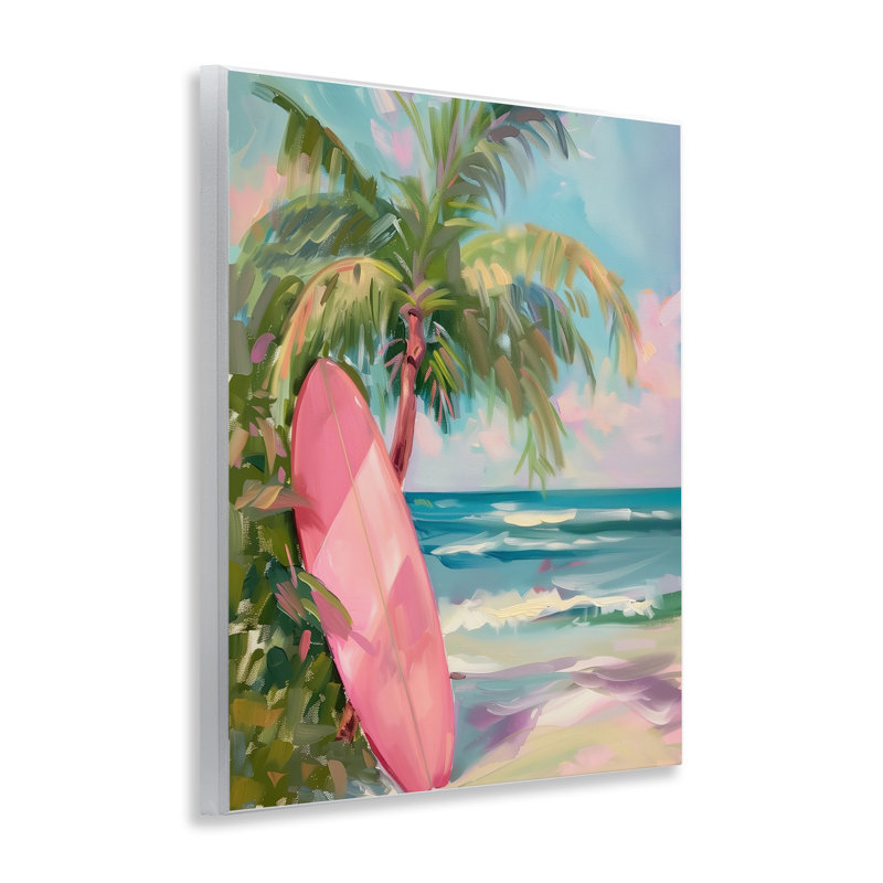 Plaque de planche de surf rose sur la plage, design par Arlington Prints