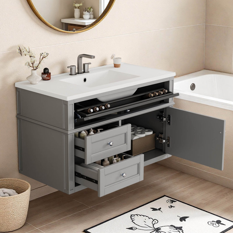 Meuble-lavabo mural simple flottant 36 po avec comptoir en céramique 36 po, Gray
