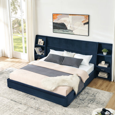 King Size Modern Storage Platform Bed Frame, Glossy Velvet Headboard with Side Bookcases & Drawer, Mattress Excluded-Dark Blue