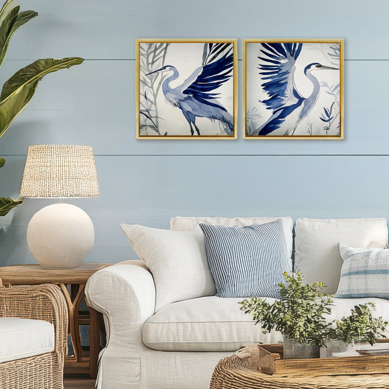 Cadre flottant 2 pièces Whimsical Blue Beach Birds, design par Mona Grace, H 18 po x l 18 po, Cadre flottant métallique doré