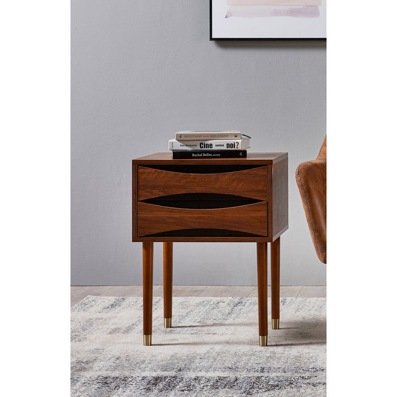 Walnut and Brass Rectangular Side Table with Storage