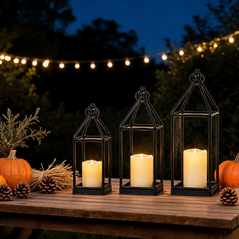 Set of 3 Black Wrought Iron Decorative Lanterns with LED Faux Acrylic Candles, Open Frame Glassless Candle Holder Lantern for Modern Farmhouse Home Decor, Indoor & Outdoor Table Mantel Porch