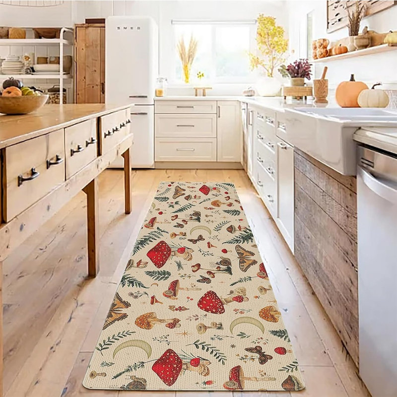 Tapis de cuisine - beige - 2 pièces, imperméables, antidérapants, antifatigue, rembourrés, champignon et papillon