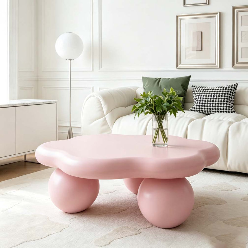 Table basse 35 "en forme de nuage, table basse minimaliste moderne en forme de pétale avec pieds sphériques, Rose