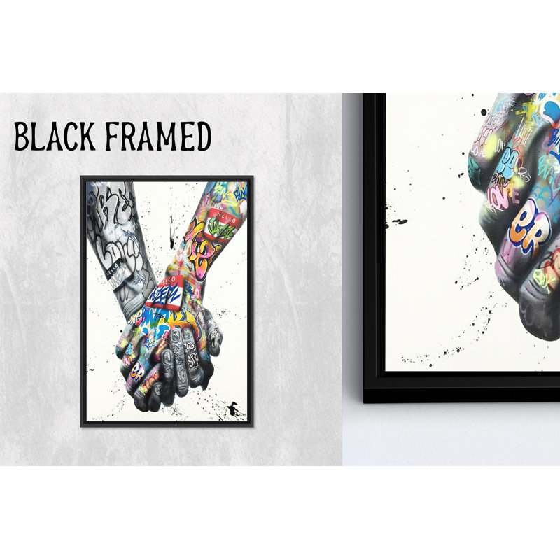 Amour moderne: Couple se tenant la main, impression sur toile graffiti, toile noire encadrée 1P, 82,7 po H x 47,3 po l