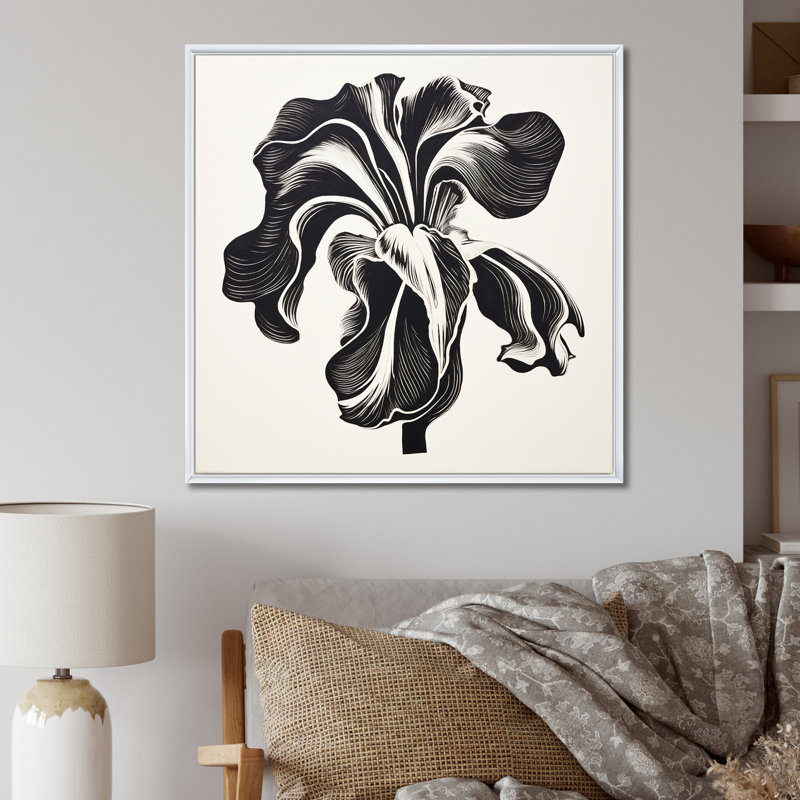 Fleur d'iris noir et blanc sur toile, Cadre flottant blanc, H 16 po x l 16 po x P 1 po