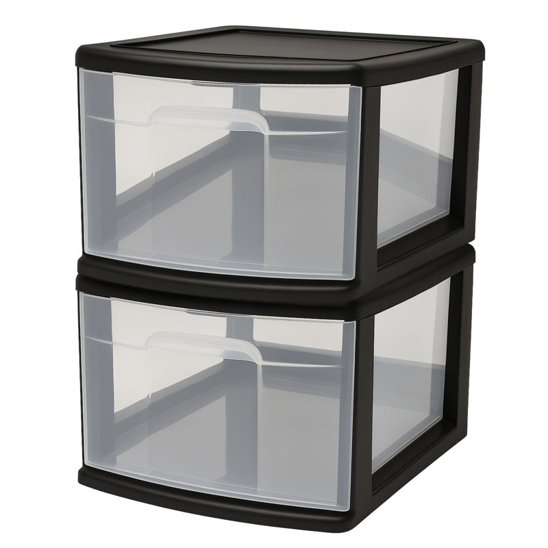  Chariot de rangement moyen en plastique 1 tiroir, cadre noir avec tiroir transparent, paquet de 2