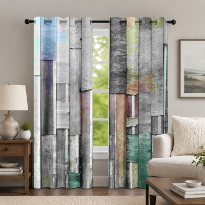 2Pcs Rustic Wood Plank Print Curtains, Industrial Style Window Drapes, Vintage Distressed Vertical Slat Pattern Printed Art Grommet Panels, Window Treatment for Bedroom Living Room Decor