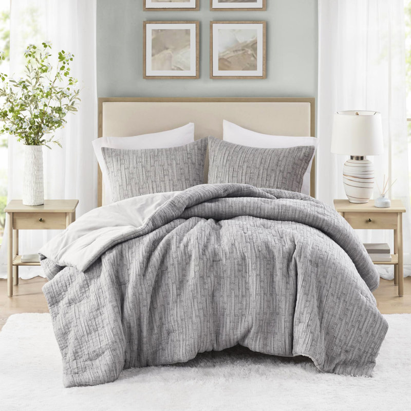 Ensemble d'édredon pour lit double / grand 3 pièces, riche en coton et rembourré, tissé, gris,
