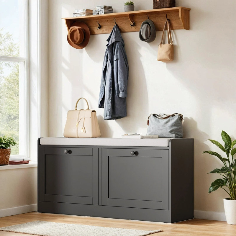 Shoe Bench, Modern Entryway Bench With 2 Flip Drawers, Shoe Rack Bench With Padded Seat Cushion, Wooden Shoe Storage Bench For Entryway, Bedroom And Apartment