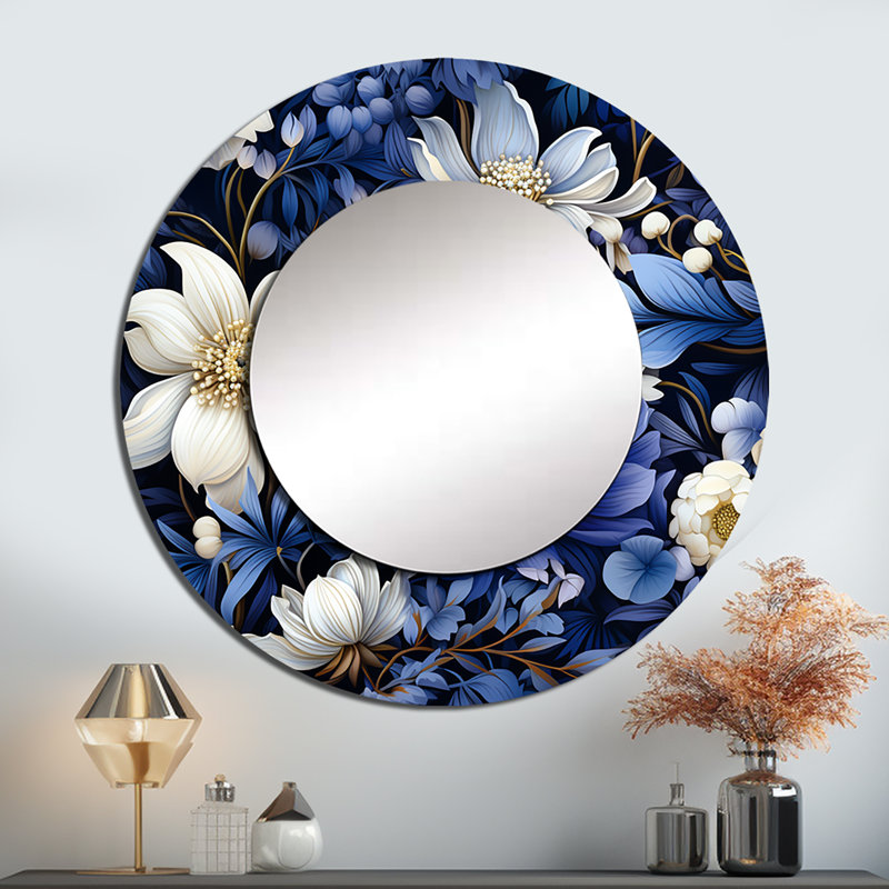 Deep Indigo Moonlit Flowers - botanical  Decorative Mirror, Blue Round Wall Mirror, Printed Metal Art, 29" x 29"