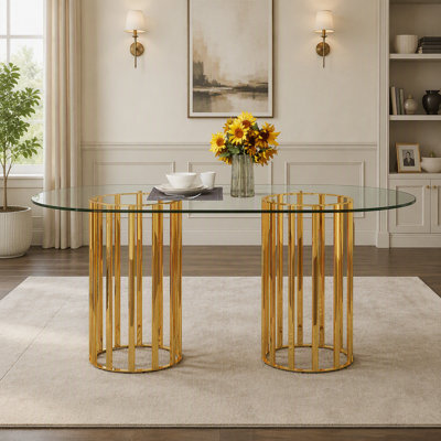 Table de salle à manger de 71 pouces en verre trempé ovale, résistante aux égratignures et facile à nettoyer, de style moderne et luxueux pour 6 à 8 personnes