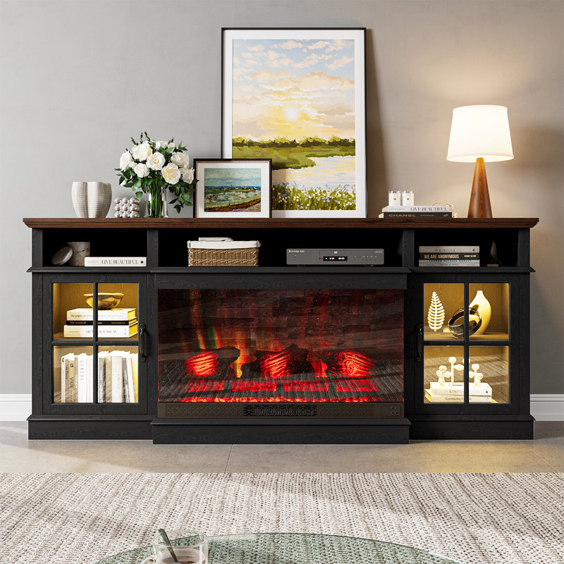 Meuble télé 70 po avec foyer électrique 36 po, lumières DEL dynamiques, armoire en verre et grand rangement, Noir
