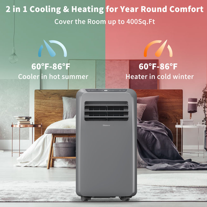 Shinco 10,000 BTU(ASHRAE) Portable Air Conditioner(Copper Tube) with Heater up to 400 Sq.Ft, Ac Heater Combo Window Unit, Portable AC Unit with Dehumidifier & Fan, Cools & Heats,Gray