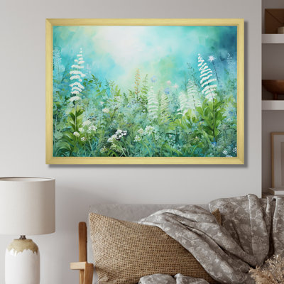 Fougères dans un champ de fleurs sauvages sur toile