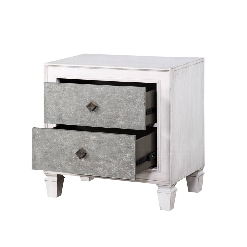 Table de chevet en contreplaqué et en bois - 2 tiroirs, glissière pleine extension, écharpe en métal gris rustique patiné