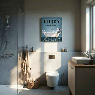 «Husky Dog Bathroom Bathaign Funny Quotes», reproduction d'art graphique sur toile tendue