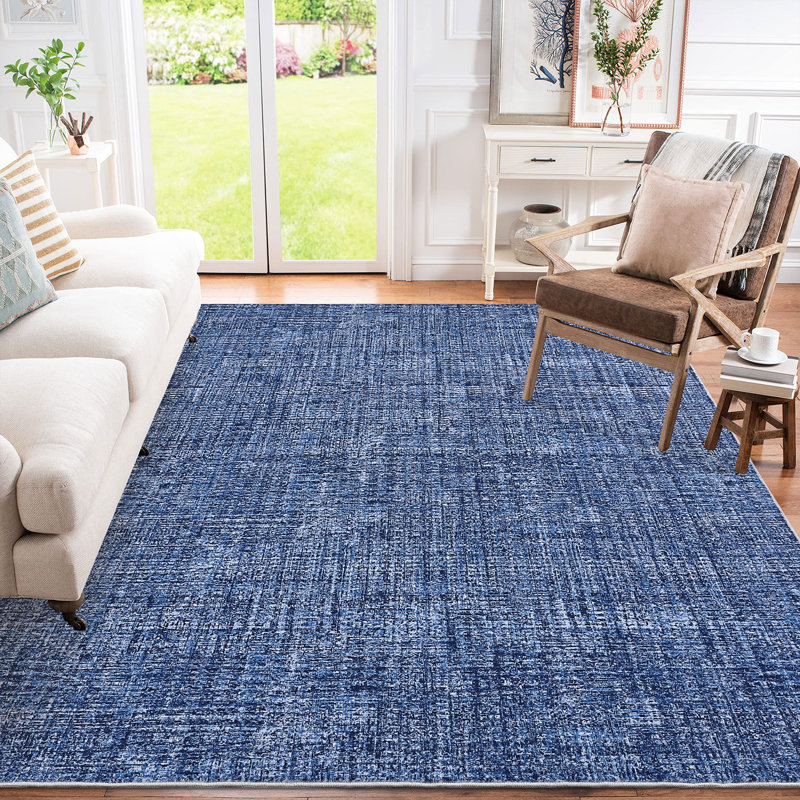 Tapis uni uni, tapis lavable à la machine pour le salon et la chambre à coucher, Blue, Rectangle 5' x 7'