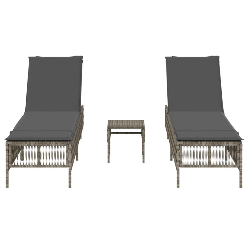 Ensemble de 3 chaises longues en rotin PE standard gris, Gris, Gris foncé