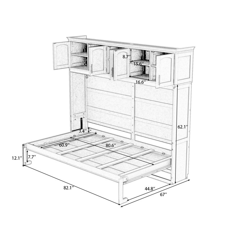 Lit escamotable en bois avec armoires Ludgero, gris, Grand
