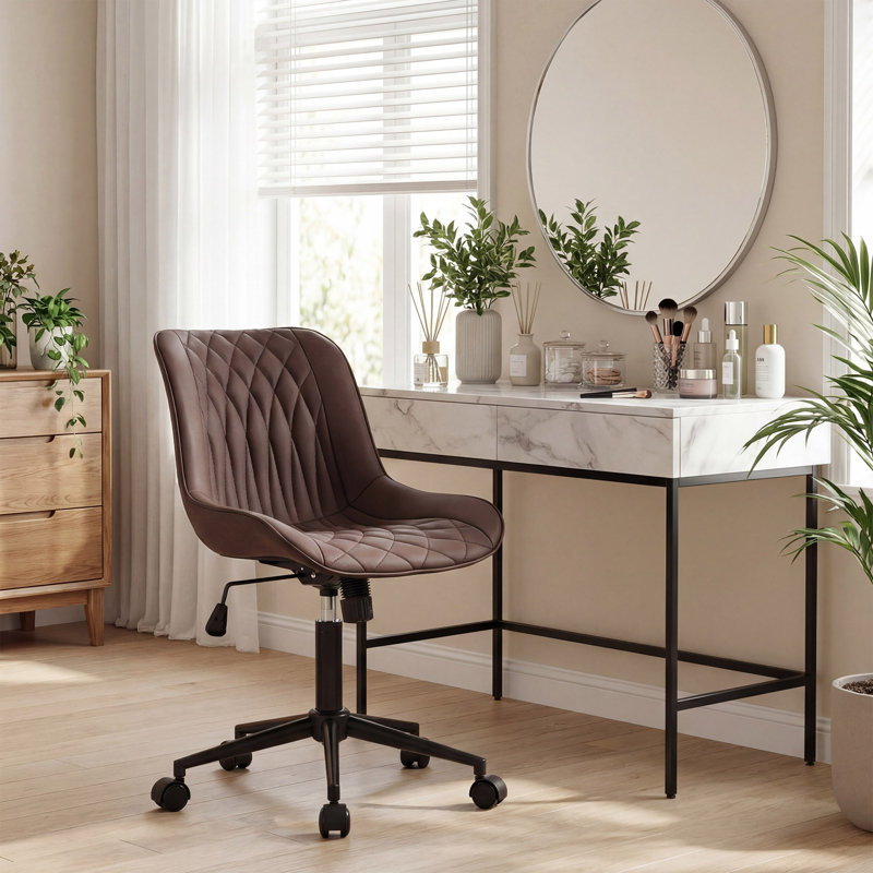Armless Swivel Office Chair Faux Leather Upholstered Waterproof Desk Chair Ergonomic Adjustable Computer Chair, Brown