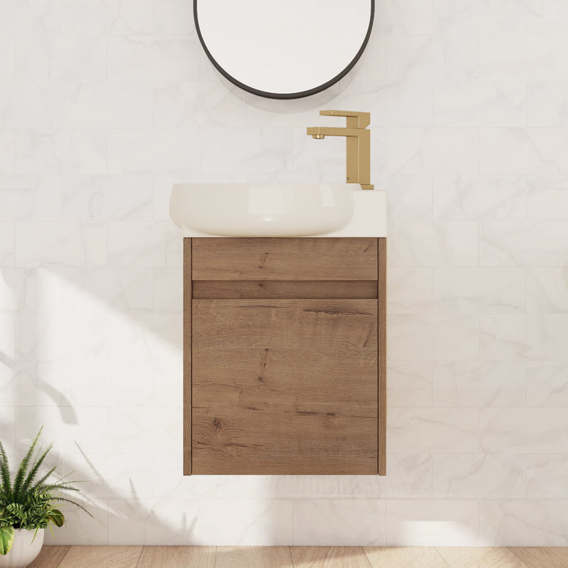 Modern 16" Floating Bathroom Vanity Minimalist Solid Wood Home Ceramic Integrated Basin Wall-Mounted Bathroom Cabinet Set