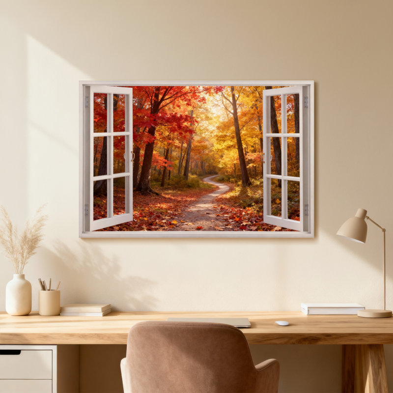 Paysage et nature, forêt d'automne à travers une fenêtre ouverte, H 24 po x l 16 po, Toile tendue, Ne s’applique pas