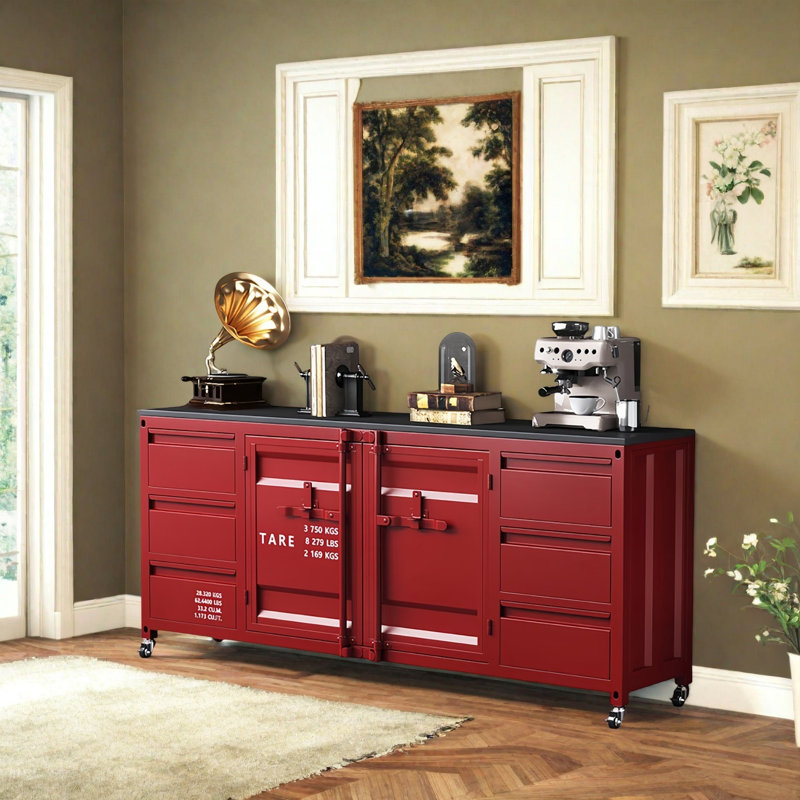 Armoire de style industriel rétro, Rouge, 35.4" H x 59.05" W x 15.7" D