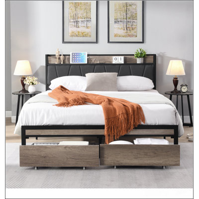 Base de lit tapissier durable avec rangement, tête de lit et doublure USB pour les chambres modernes