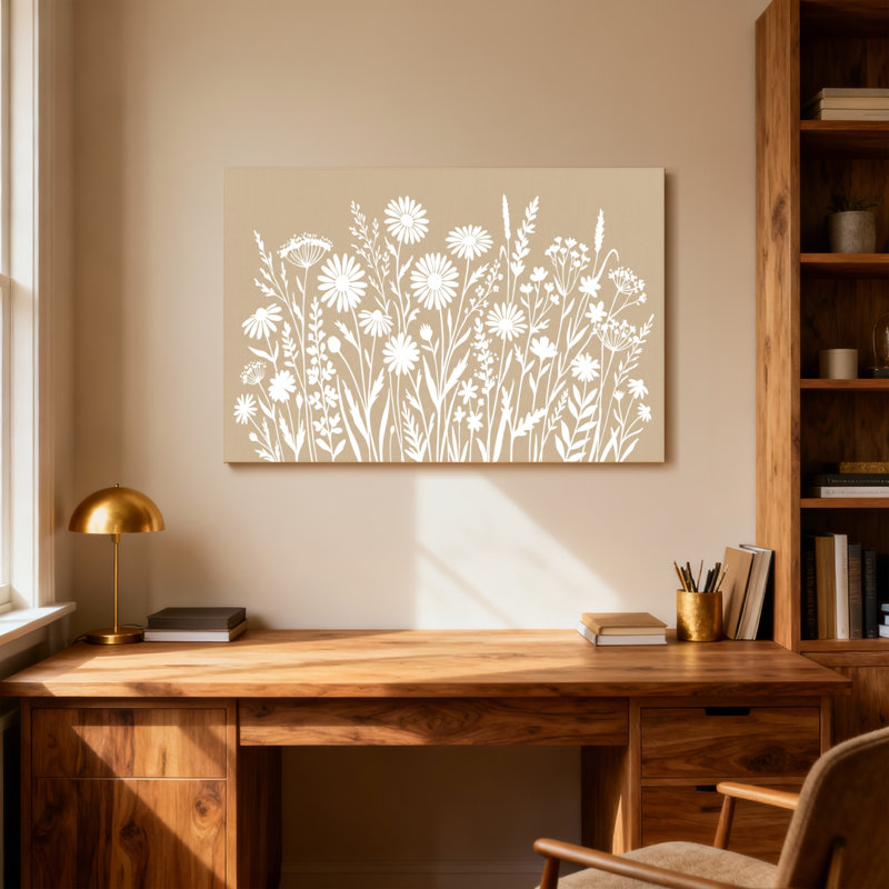 Plantes et fleurs, pré floral blanc sur fond beige, H 16 po x l 24 po