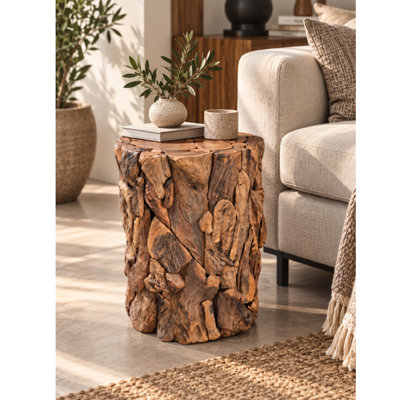Colonne et tabouret d'appoint en teck massif Luna