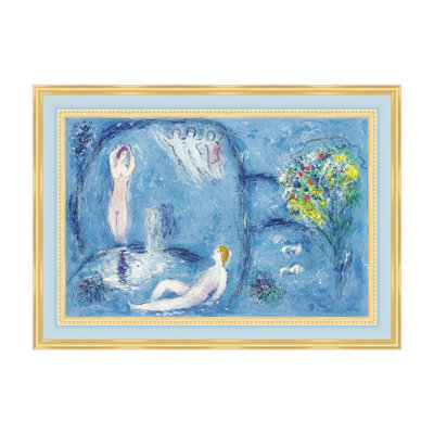 Framed Canvas Wall Art Bath by Marc Chagall Giclee Print Dreamlike Romantic Surrealism Painting Modern Home Decor(Light Blue with Gold,24"x34")