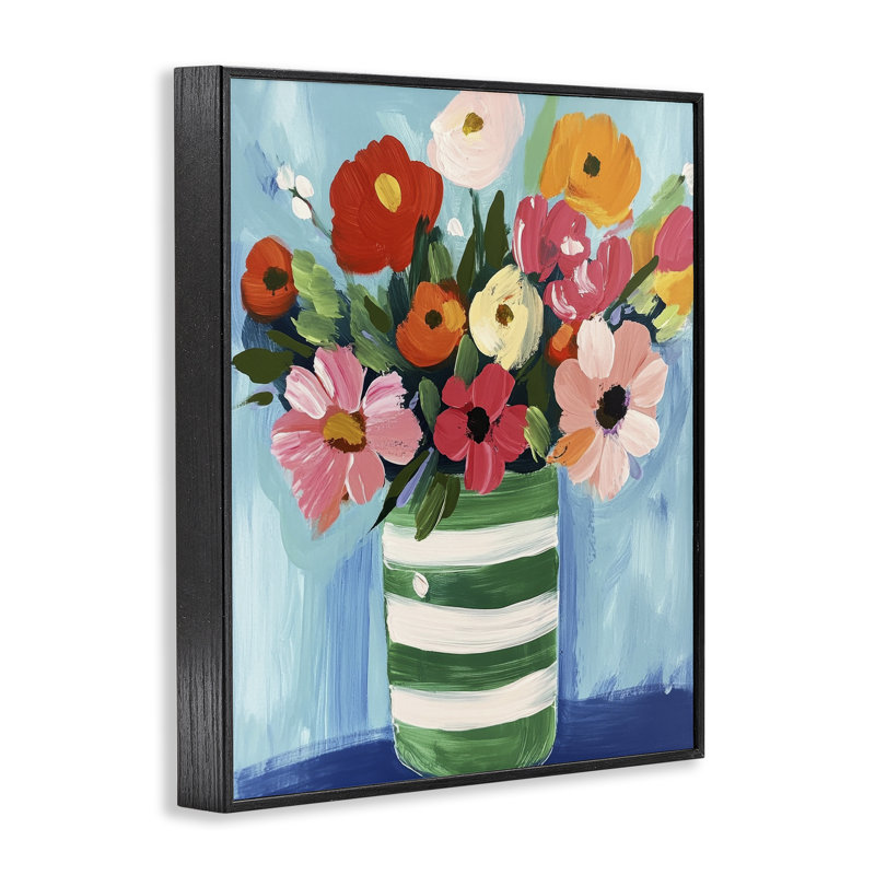 Bouquet dans un vase rayé vert, estampe numérique, design par Petal Prints Design, H 14 po x l 11 po