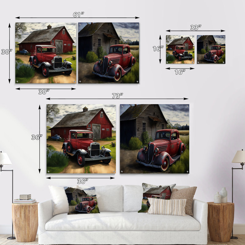 30S Ford Car In Barn I - Car Old American Art mural en verre acrylique, ensemble de 2, H 16 po x l 33 po