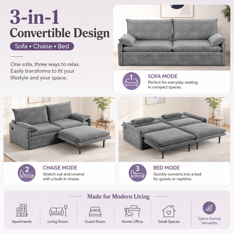 Canapé-lit chenille à 3 places Chenloria, canapé-lit moderne convertible 81,1 po avec siège profond, compartiment de rangement caché, port de chargement USB et couverture pliable 2-en-1