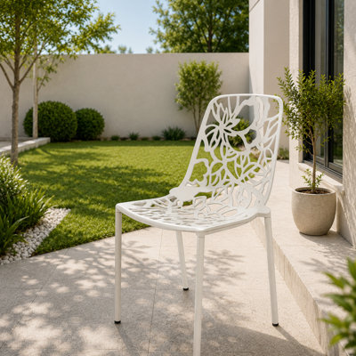 Rabia Outdoor Aluminum Dining Chairs, Modern Floral Cutout Accent Chair for Patio, Garden, and Balcony, Stackable Metal Dining Room Furniture, Rust & UV Resistant, Fully Assembled