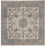 Hand-Knotted High-Quality Cream and Light Green Square Area Rug