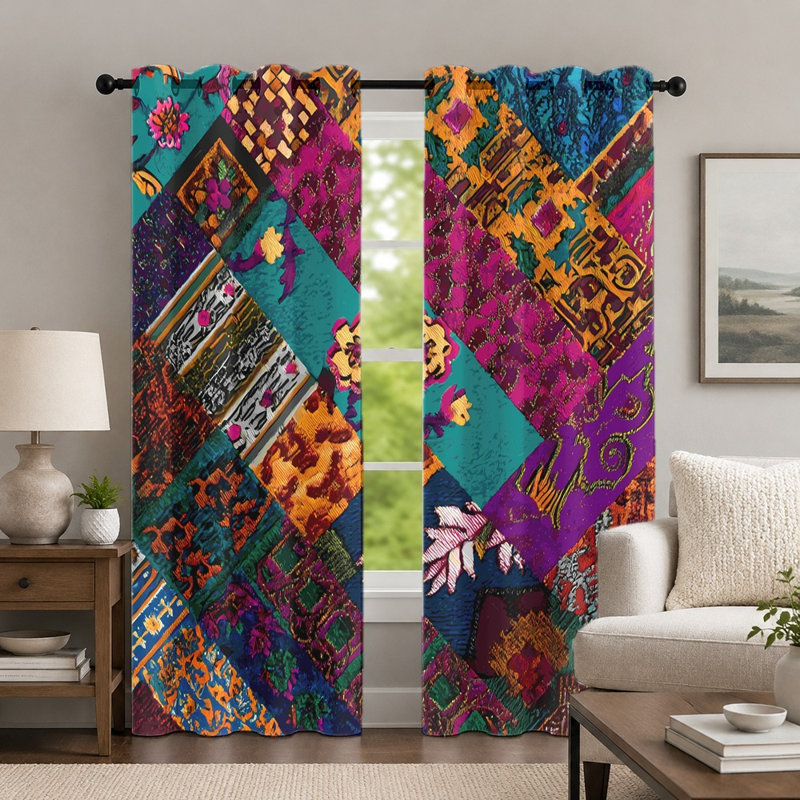2 pièces rideaux de style patchwork coloré, rideaux de fenêtre à motif bohémien, panneaux à œillets à imprimé floral géométrique vibrant, habillage de fenêtre décoratif pour le décor de la chambre à coucher