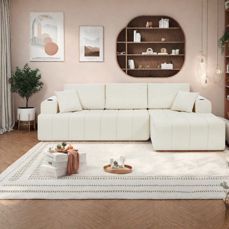 Canapé d'angle à compression, canapé en chenille de 274 cm (108 pouces), salon moderne, Beige 2