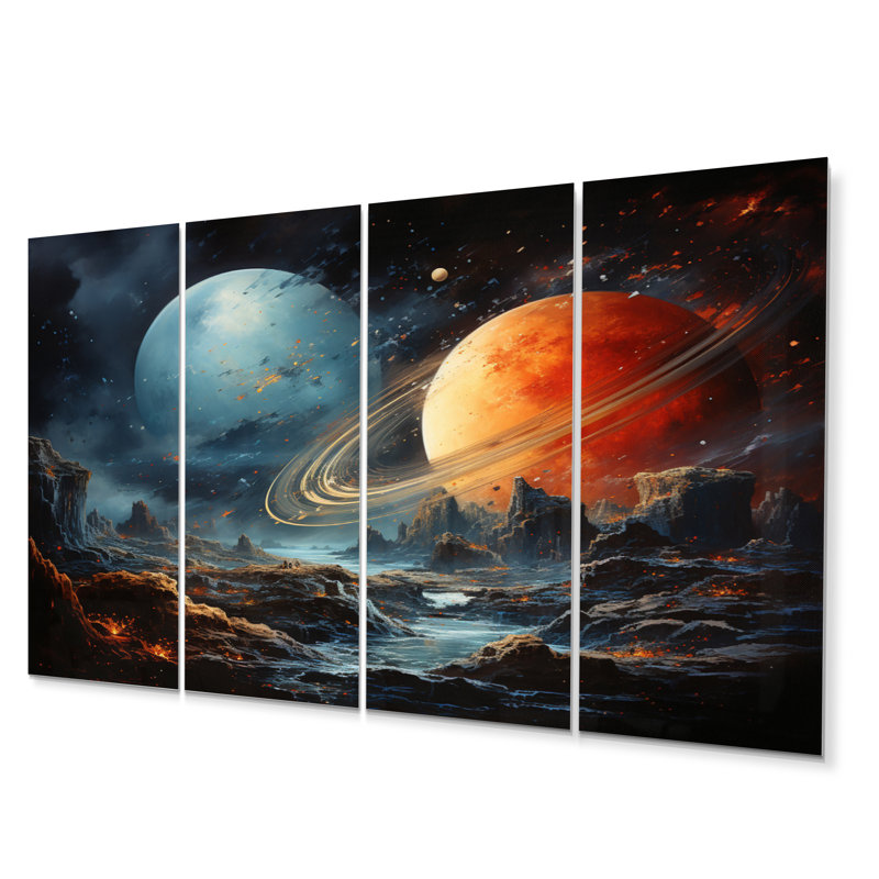 Ensemble de reproductions d'art mural en métal orange et bleu, "Space Dreams II - Galaxies"
