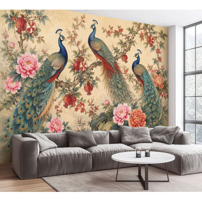 Wall Mural Peel and Stick Wallpaper Vintage Style Peacocks Floral Branch Soft Beige Self-Adhesive Removable Contact Paper Wall Decor for Living Room B