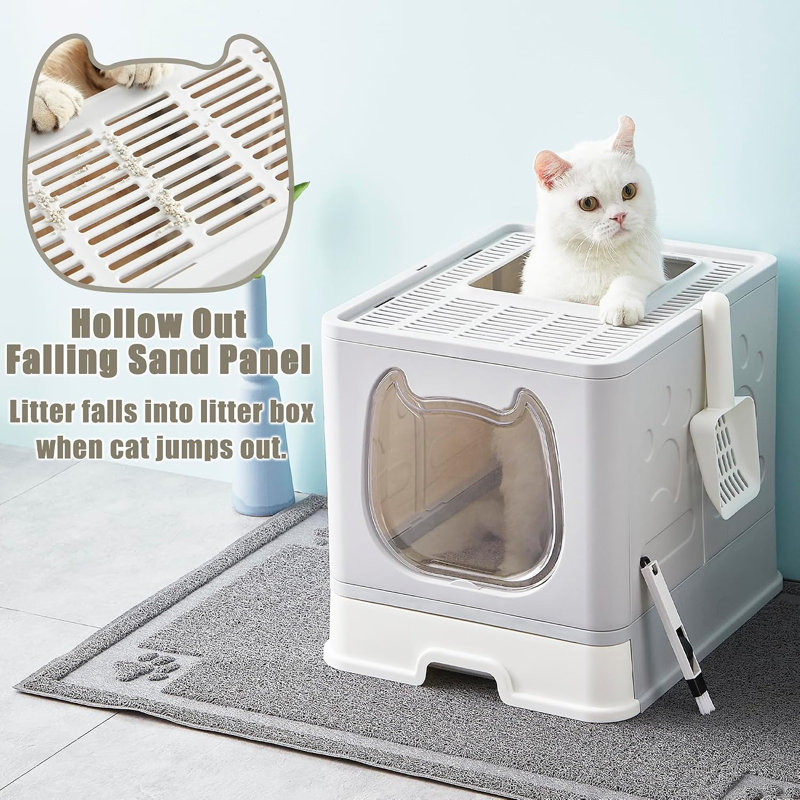 Bac à litière avec couvercle pour petits et moyens chats, bac à litière fermé avec couvercle, bac à chat à entrée haute avec brosse et pelle, bac à litière mignon avec tiroir pour chatons en pleine croissance (gris)