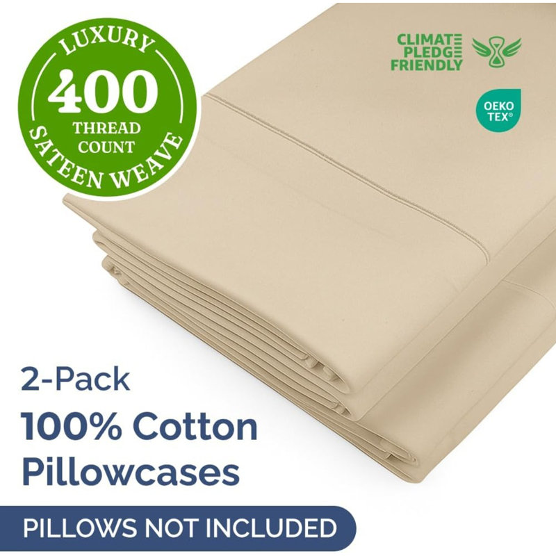 100% Cotton Pillowcase Set, 400 Thread Count Hotel Luxury Pillowcases, Soft & Breathable, Set of 2, Cream, Queen