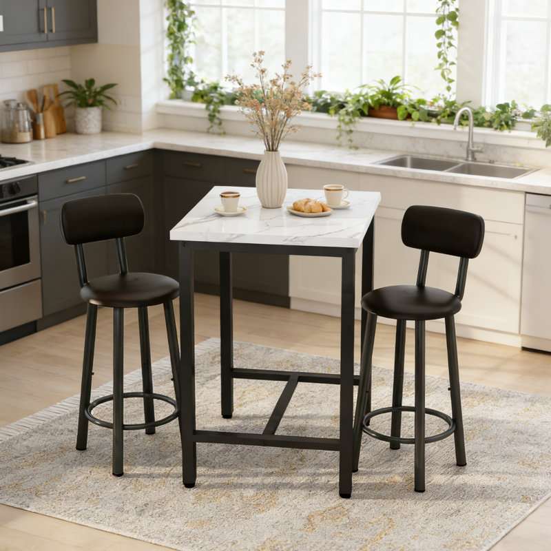 3-Piece Bar Table Set For 2, 23.6 " Square Pub Table With 2 PU Upholstered Backrest Chairs, Counter Height Kitchen Table Set For Small Spaces, Bar, Restaurant, Apartment