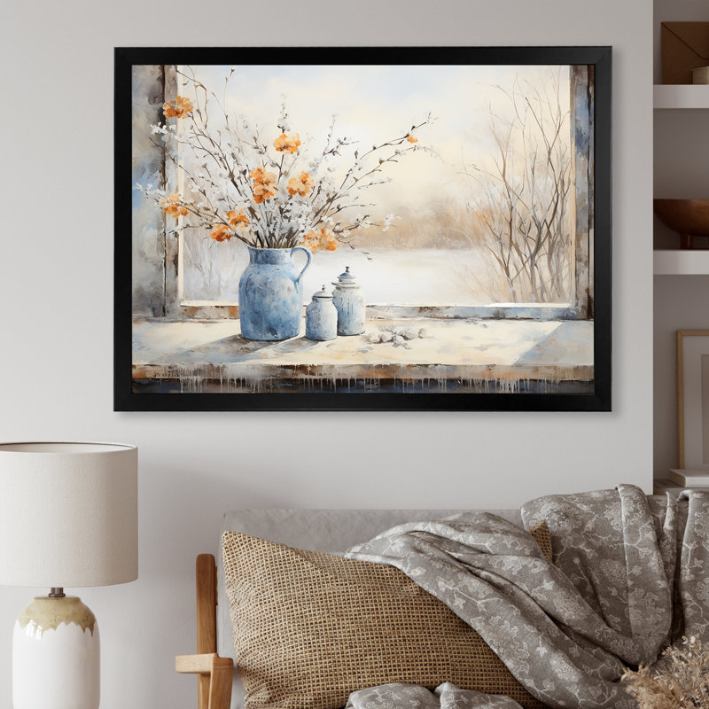 «Cottage In Winter Window Charm I», art mural fenêtres de ferme, Cadre d'angle fermé noir, H 34 po x l 44 po x P 1,5 po