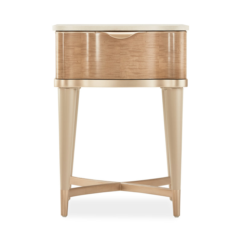 Beige and Cream Marble Top End Table with Storage